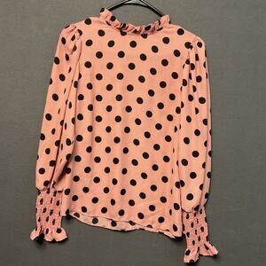 Haute Monde Pink Polka Dot Blouse Small Ruffle Neck Smocked Cuff Romantic Top